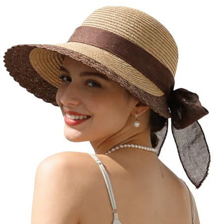 LY4U Women's Sun Hat - Foldable UV Protection Wide Brim PP Straw Hat with Chin Strap for Beach, Travel & Outdoor Khaki
