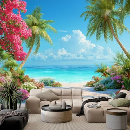 Générique Papier Peint Panoramique Plages palmiers et fleurs 350x256 cm Papier Peint Intissé Mural, Poster Geant Mural 3D, pour Salon Chambre d'enfants restaurant Décoration Murale