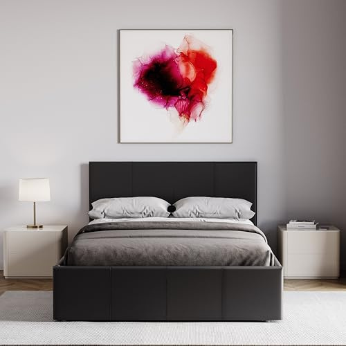 Vida Designs Lisbon Small Double Ottoman Bed Frame with Mattress | Black | 87 H x 128 W x 200 D cm | Faux Leather | Padded Headboard | Low Foot | Gas Lift | Large Storage | UKFR | Bedroom Furniture