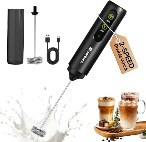 MERTTURM Espumador de Leche Eléctrico de Mano Recargable con 2 Velocidades | Batidor de Doble Muelle (Diseño Desmontable), USB-C, Apertura con Un Toque, Compacto, Portátil para Café Latte Matcha