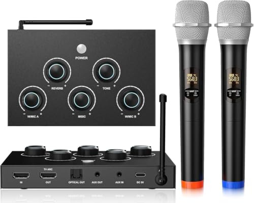 Wireless Karaoke Microphone System, Microphone Mixer Dual Handheld Wireless Microphones, HDMI & AUX in/Out, Optical Out, 100ft Range, Karaoke Mic for TV, Speakers, Singing, Church & Wedding-Black