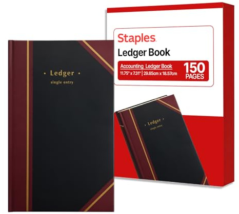 Staples Black Hardbound Ledger Book, Numbered Pages, 11.75x7.3 In