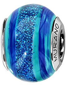 Thabora charms coulissant argent rhodié Murano bleu turquoise bande pailleté bleu + suédine (offerte) + Certificat d'Authenticité Argent 925‰
