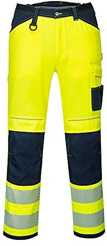Portwest PW340 PW3 Men's Hi-Vis Cargo Work Trousers with Knee Pads and Pockets - Reflective High Viz Outdoor Safety Workwear, Yellow/Navy, 30