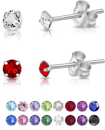 DTPsilver - 2 PAIRES de * MINI * Boucles d'oreilles/Clous en Argent Fin 925 et Cristaux de Swarovski® Elements Ronds - Diamètre: 3 mm - Couleur: Cristal Clair + Rouge Siam