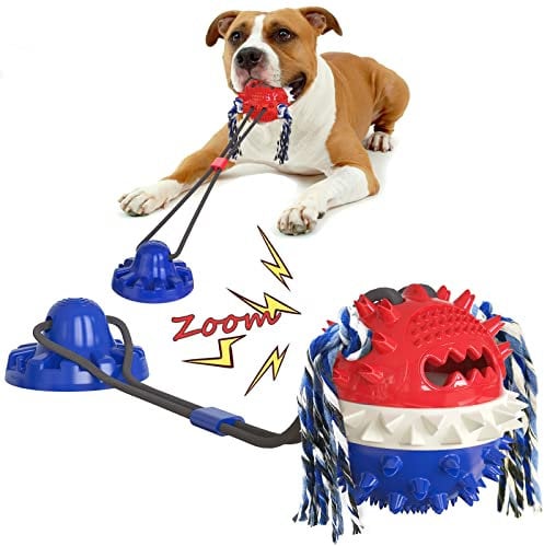 Suction Cup Dog Toy, Interactive Puzzle Tug of War Pull Pet Toy, Squeaky Bouncing Treat Ball with Bite Cotton Rope for Medium Large Aggressive Chewers