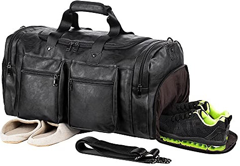 Reisetasche mit Schuhbeutel, Wochenendtasche, Übernachtungstasche, wasserdicht, Leder, große Handgepäcktasche, Reisetasche, Seesack, [P] Schwarz, one_Size, Klassisch