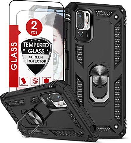 LeYi Cover per Xiaomi Redmi Note 10 5G/Poco M3 Pro 5G con 2 vetro temperato, anello di supporto militare anti-caduta rinforzato difesa antiurto TPU e PC rigido, colore: Nero