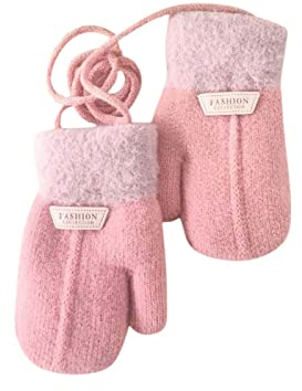 Blingko Thermohandschuhe Winter Kinder Halbfinger Handschuhe Cartoon Fingerhandschuhe Strick Handschuhe mit Flip Top Handschuhe Streifenhandschuhe Arbeitshandschuhe für 1-6 Jahre Mädchen Jungen, Rosa