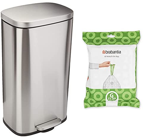 Amazon Basics Trash can, 30L & Brabantia PerfectFit Bin Liners (Size G/23-30 Litre) Thick Plastic Trash Bags with Tie Tape Drawstring Handles (40 Bags)