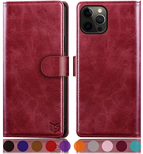 SUANPOT [RFID Schutz für iPhone 12/iPhone 12 Pro 6,1-Zoll Hülle PU Leder Handyhülle Lederhülle Klapphülle Kartenfach Flip Cover für Apple 12 Handy hülle Leather Wallet Phone Case Rot