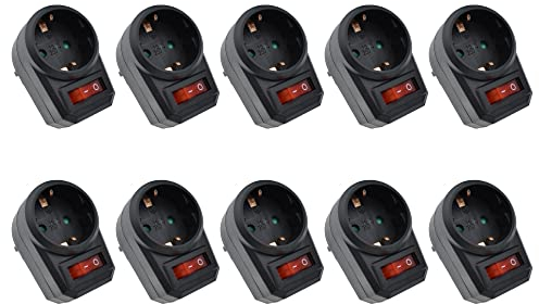 10 Steckdosenadapter mit Schalter inkl. Kindersicherung schwarz (spart Strom und schont die Umwelt)