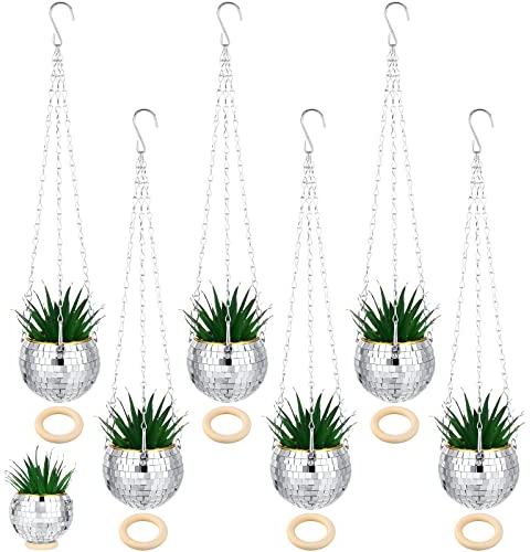 Remerry 6 Pcs 4 Inch Disco Ball Planter Mirror Ball Boho Hanging Planter Flower Pots Vase with Chain and Wooden Rings for Indoor Outdoor Plants Succulents Cacti Flowers Home Decorations (Silver)