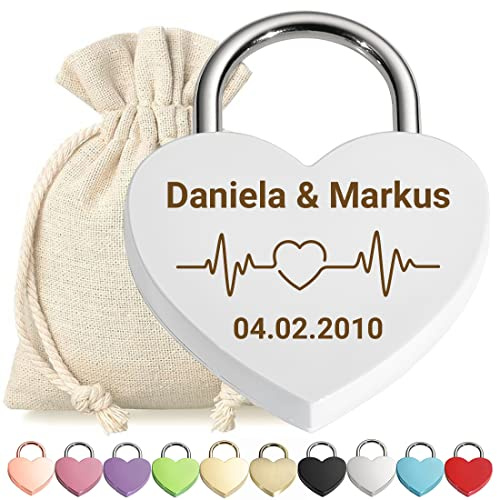 Herz Liebes-Schloss Bügelschloss Vorhängeschloss Graviert Weiß - Motiv Herzfrequenz - personalisiert - weißer Stoffbeutel - Geschenkidee Valentinstag - Paar-Geschenk Present - jetzt gestalten