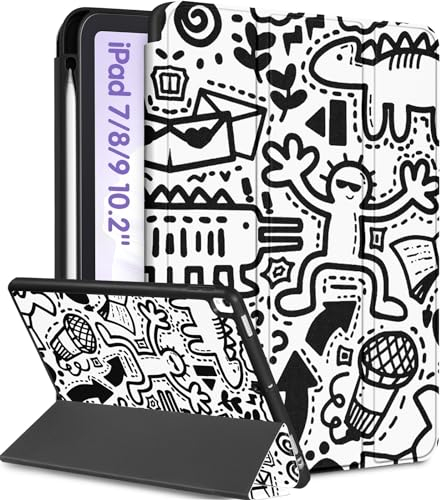 Uppuppy Schutzhülle für iPad der 9., 8. und 7. Generation mit 10,2 Zoll A2602 A2270 A2197, niedliche Folien-Smart-Hülle mit Stifthalter, Cooles Graffiti-Design, für Mädchen, Jungen, Männer und