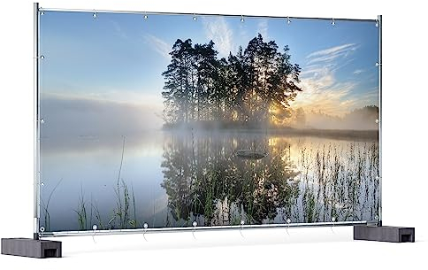 Wallario XXL Outdoor-Poster für Garten oder Balkon Stiller See mit Insel im Morgennebel, Motivbanner Größe: ca. 340 x 173 cm, Outdoor-Bild