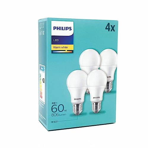Philips LED Classic A60 Frosted Light Bulb 4 Pack [E27 Edison Screw] 8W - 60W Equivalent, Warm White 2700K, 806 Lumen Non Dimmable [Energy Class A+]