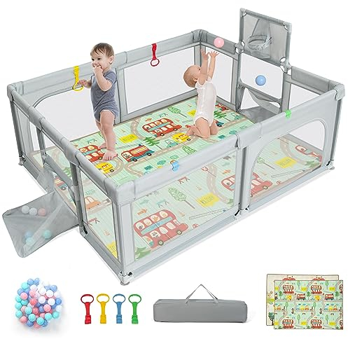 COSTWAY 188 x 157cm Laufstall Baby Faltbar, Laufgitter mit Matratze, Basketballkorb, Fußballnetzen, 50 Spielbällen, Krabbelgitter mit atmungsaktivem Netz, Tragetasche für Kleinkinder (Klein, Hellgrau)