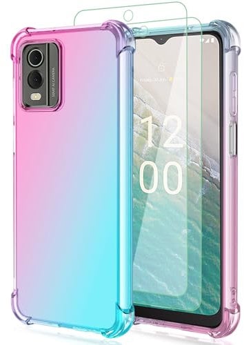 Osophter for Nokia C32 Phone Case: with 2pcs Screen Protector,two color gradient reinforced corner TPU shock absorption flexible Cell Phone Cover for Nokia C32(Pink Teal)