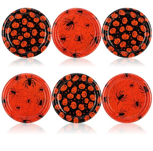 com-four® 6x Dekoteller Halloween - hochwertige wiederverwendbare Kunststoffteller im Spinnen- und Kürbis-Design - lebensmittelechte Dekoplatten - abwaschbare Zierteller (6 Stück - Spinne + Kürbis)
