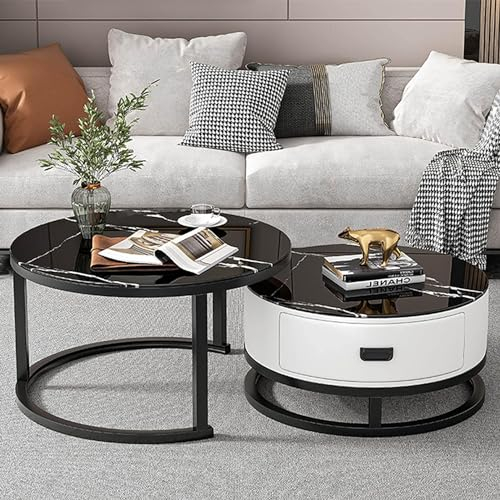 GArcan Juego de 2 mesas de Centro Nido Modernas, Mesa de Centro Rotonda con Tapa de Cristal Templado, Tapa de MDF y Estructura de Acero Negro para salón, Oficina, balcón