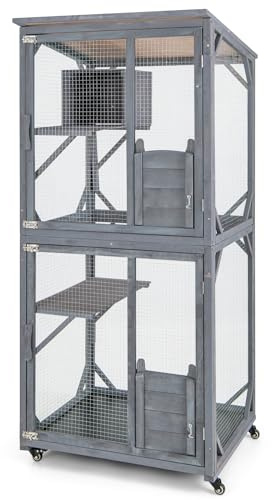 GOPLUS - Jaula grande para gatos, Recinto exterior sobre ruedas con caja de descanso, 2 plataformas, techo de asfalto resistente a las inclemencias del tiempo, puertas de entrada, capa de PP, 80 x 70