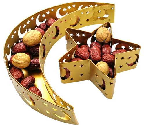 HRKVSK Ramadan Dekoration Teller, Ramadan Tablett, Mond und Stern Essen Dessert Tablett, Ramadan Serviertablett, Ramadan Deko Tablett, Ramadan Eisen Dessert Teller