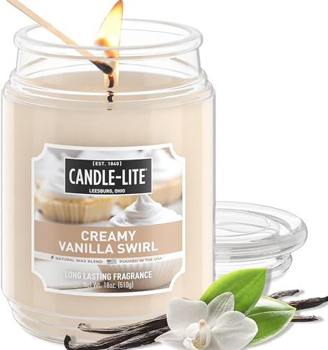 Candle-lite Fall Scented Candles, Creamy Vanilla Swirl, 18 oz Jar, Proudly Poured in The USA, Aromatherapy Candle, Single-Wick with 110 Hours of Burn Time, Perfect for Creating a Relaxing Ambiance