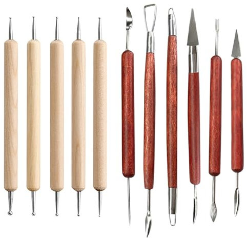 Pottery Polymer Clay Tools, 11 Pcs Modelling Clay Sculpting Tools, 6pcs Stainless Steel Clay Sculpting Tools with 5pcs Wooden Handle Ball Stylus Dotting Tools for Engraving, Embossing, Shaping