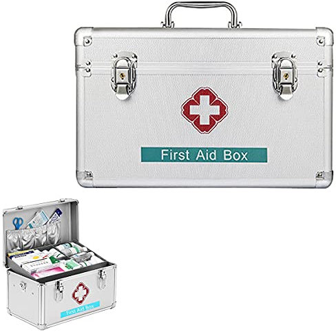Botiquín de Primeros Auxilios portátil, botiquín de Emergencia para Acampar, Contiene Bandeja extraíble, Caja Multifuncional para Kit de Emergencia Familiar con asa, Plateado, 10 Pulgadas