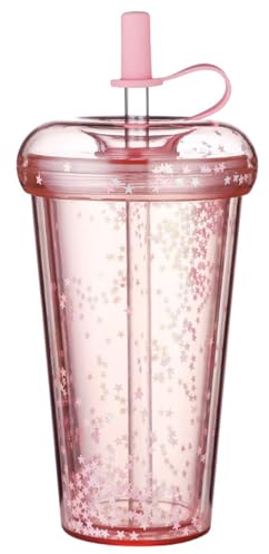 Gobelet à eau avec paille, gobelet à double paroi avec couvercle et paille, 420 ml / 14,2 oz tasse de paillettes fuites avec des pailles, tasse d'eau portable avec paille et couvercle, rouge clair