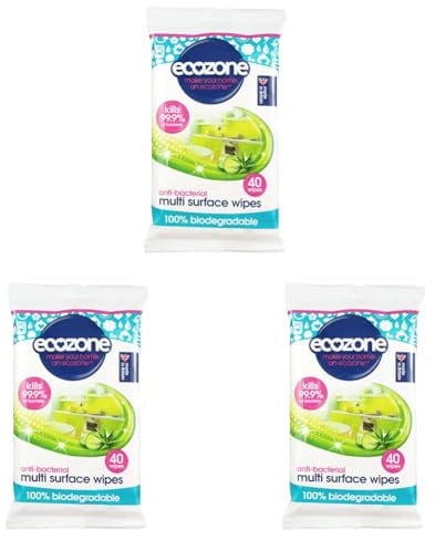 Ecozone Anti-Bacterial Multi-Surface Wipes, Biodegradable Moist Wet Anti Bac Disposable Cleaning Cloths, Sanitising Worktop Natural Vegan Friendly Non Toxic Wipes, Aloe Vera & Cucumber (120 Pack)