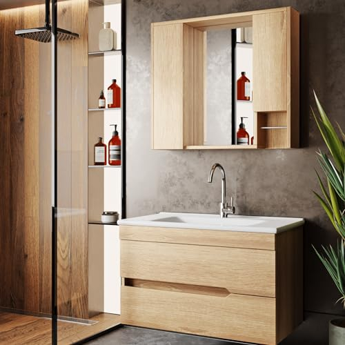 Badezimmermöbel Set Marmara 65 Eiche | Keramikwaschbecken | Unterschrank | Spiegelschrank | Handtuchstange|Softclose-Schubladen & -Türen, Griffmulden | Natürlicher Stil | Badmöbel Waschtisch