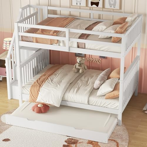 KecDuey Lettino a castello, 140 x 200 cm, con ripiano per scale, dotato di letto estraibile 90 x 190 cm, rete a doghe, letto per ragazzi con ringhiera alta