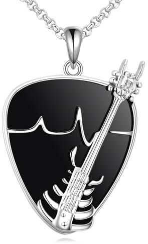 POPLYKE Sterling Silver Black Guitar Pick Music Pendant Necklace Music Lovers Gifts Gothic Jewelry for Women Her