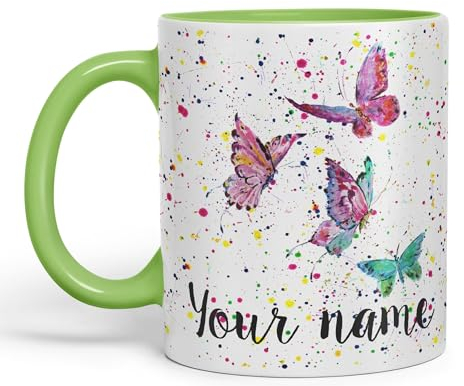 Vixar Personalised Mug with Your Text Name Butterfly Animals Watercolour Art Coloured Ceramic Mug Cup Gift 330ml 11oz Custom Work Office Tea Coffee (L Green)