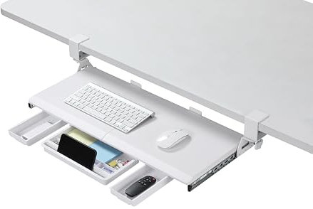 ETHU Under Desk Keyboard Tray with C-Clamp 68x30cm, Retractable Keyboard Shelf for Home & Office, White