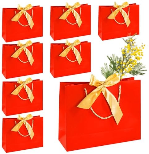 Geschenktüten aus Papier mit Schleife, Rot Papiertüten mit Henkel, Geschenktüte für Geburtstag, Hochzeit, Festivalfeier, Weihnachten, 32 x 25 x 11cm (8 Stück)