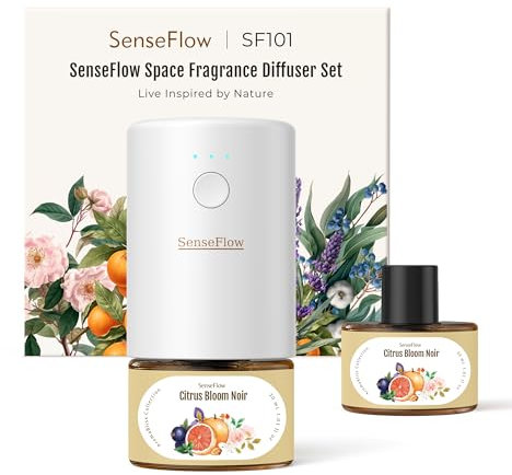 SenseFlow Aroma Diffuser für Ätherische Öle SF101, Wasserloser Ultraschall Duftstecker Raumduft, 100% pflanzlich Lufterfrischer, 120-Tage Aroma für Zuhause, Hotel bis zu 100 m²- Schwarze Zitrusblüten