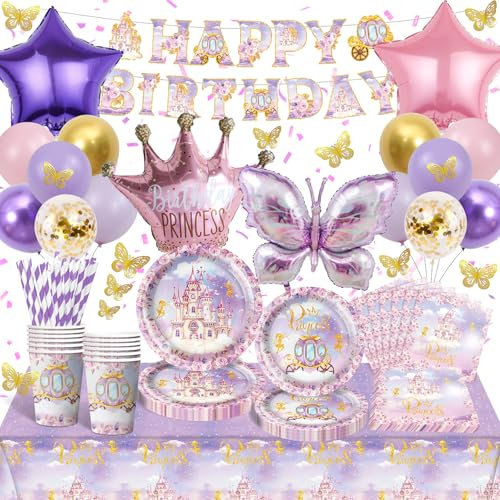 Partygeschirr Meerjungfrau Irisierende, Kindergeburtstag Set mit Luftballons, Pappteller, Papierbecher, Servietten, Stroh, Partydeko Tischdeko für Hochzeitsfeier, Geburtstag (Schloss Prinzessin)