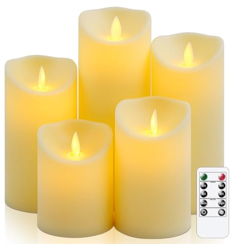 Vtobay Pack of 5 Flameless Battery Operated Moving Wick 7.5cm x10 12.5 15 17.5 20cm LED Candles with Remote Control, Flickering Timer Ivory Plastic Long Lasting Bulk Pillar Candles