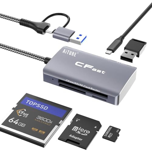 AiTURE CFast 2.0 Kartenleser, 5 in 2 SD/TF Speicherkartenleser, 5 Gbit/s PD/USB 3.2 Gen 1 Adapter USB auf USB C/A Kabel, kompatibel mit Windows/Mac/Linux/Android