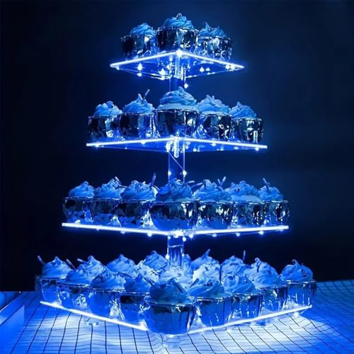 Presentoir A Gateau, 4 étages Présentoir à Cupcakes Acrylique Présentoir à Pâtisseries avec Lumière Led Affichage De Desserts Carré Transparent Pour Décoration Fête D'Anniversaire (15/20/25/30 CM)