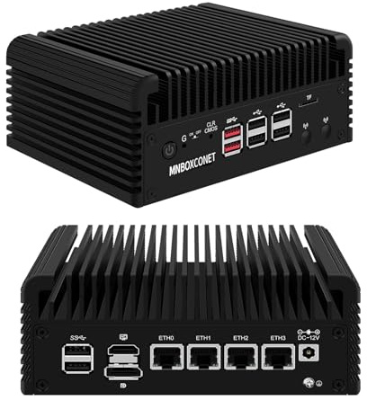MNBOXCONET N150 Mini PC Firewall Lüfterlos (bis zu 3.6GHz), 4 x 2.5GbE I226-V LAN Fanless Micro Appliance Hardware Computer DDR5 Barebone, Windows, OPNsense,Dual Display