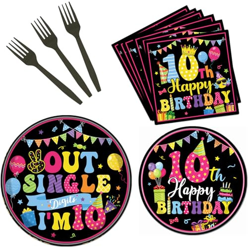Refavor 10th Birthday Tableware Decorations, 96PCS Out Single Digits Party Plates and Napkins Set, Colorful I'm 10 Disposable Dinnerware Supplies Serves 24