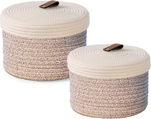Yearonan 2 Pieces Storage Baskets with lids-Cotton Rope Lidded Basket-Natural cotton thread, leather buckle,Decoration Basket with Lid-Woven storage basket with lid.