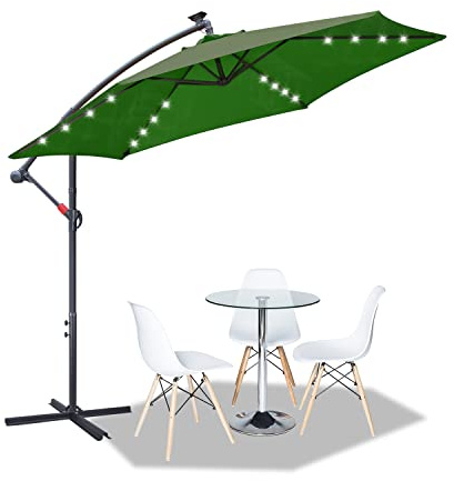 Vkechh Sonnenschirme mit LED Solar Ø 350cm, Ampelschirm mit Ständer und Kurbe, 160g/m² Polyestergewebe, UV30+, Großer Sonnenschutz Terrasse für Pools, Balkone und Gärten, Grün