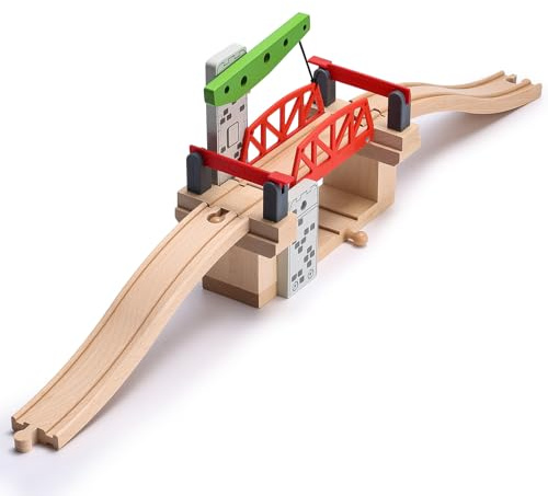 SainSmart Jr. Hebebrücke Holzeisenbahn Zubehör, kompatibel Brio, ab 3 J. | Mit Kurbel & 2 Holzschienen, auch kompatibel mit Thomas, Chuggington & Melissa & Doug, fördert Feinmotorik, ab 3