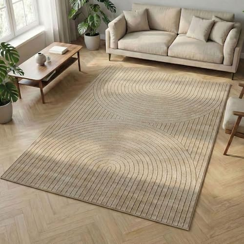 Carpetsale24 Kurzflor Teppich 120x170 cm Beige Wohnzimmer, Schlafzimmer, Küche, 3D Hoch-Tief-Effekt, Skandinavisch Boho Motiv, für Outdoor Bereich geeignet Terrassen oder im Balkon