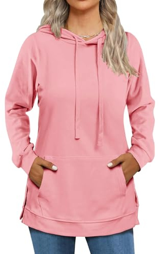 Cuptacc Pull Femme Sweat Femme Capuche Manches Longues avec Poche 2025 Mode Automne Fentes Latérales Rose XXL 50-52